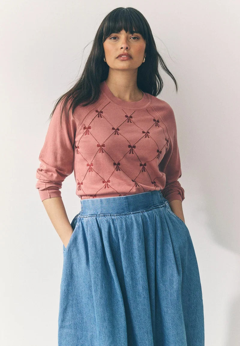 Soft Touch Crew Neck Jumper Pink Blush Embroidered Bow