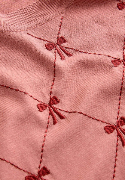 Soft Touch Crew Neck Jumper Pink Blush Embroidered Bow