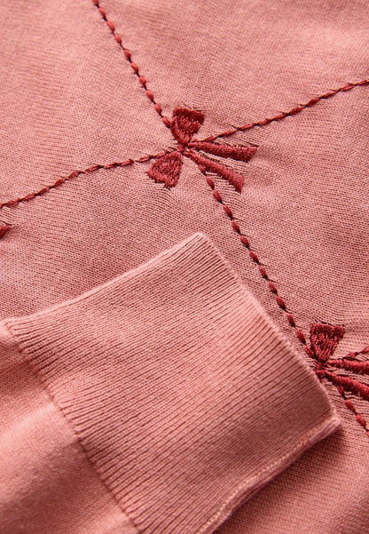 Soft Touch Crew Neck Jumper Pink Blush Embroidered Bow