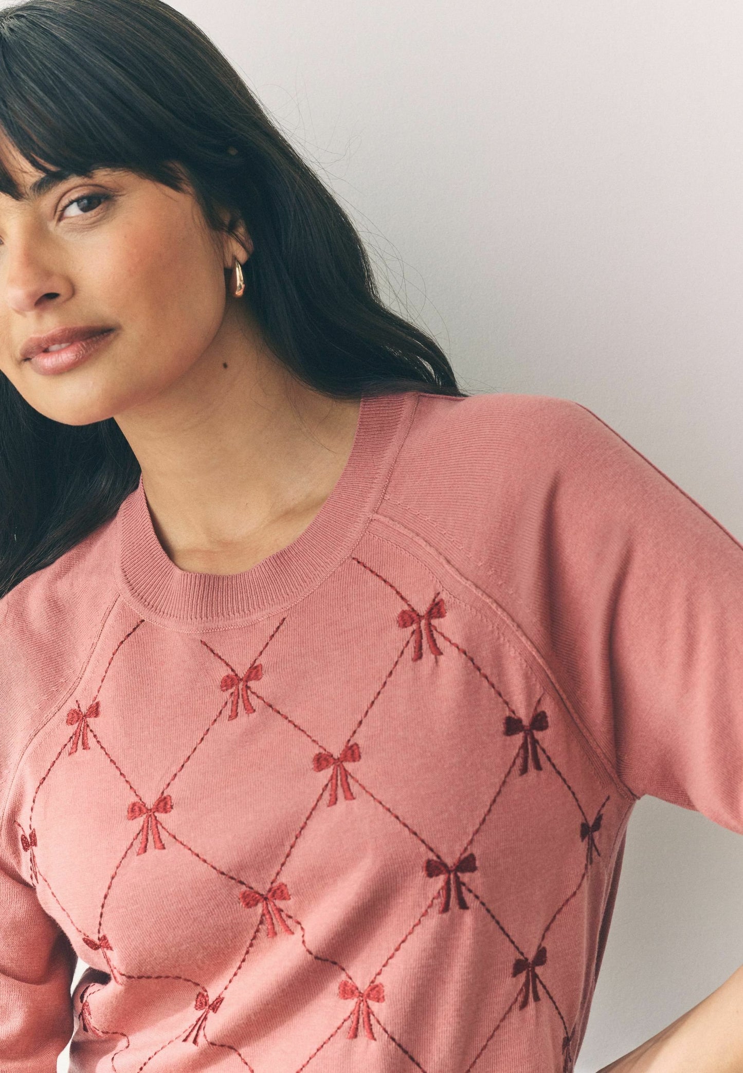 Soft Touch Crew Neck Jumper Pink Blush Embroidered Bow