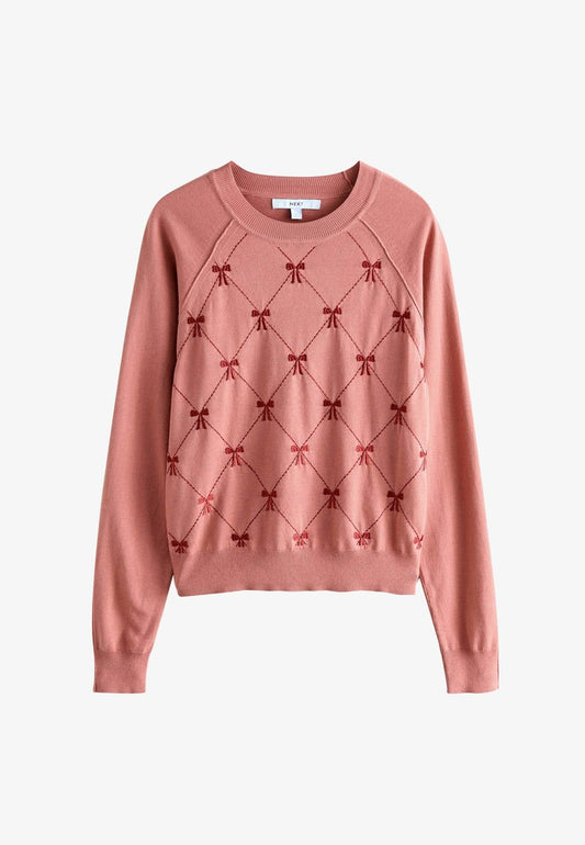 Soft Touch Crew Neck Jumper Pink Blush Embroidered Bow