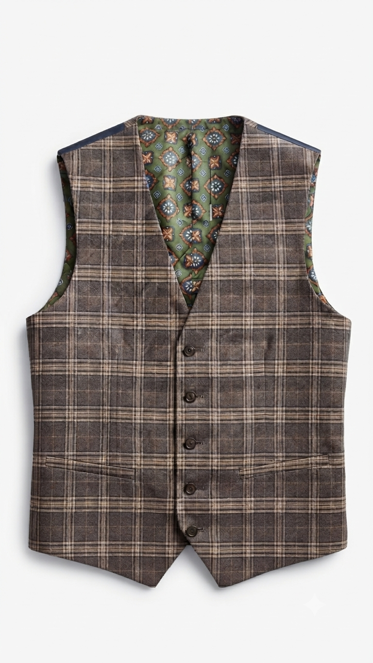 Brown-Toned Plaid Pattern Waistcoat