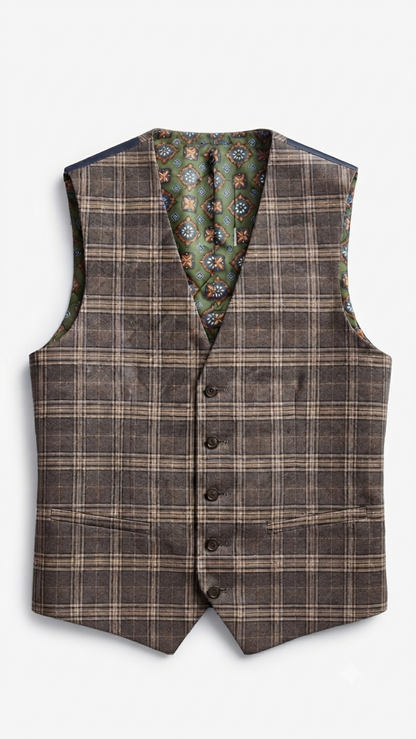 Brown-Toned Plaid Pattern Waistcoat