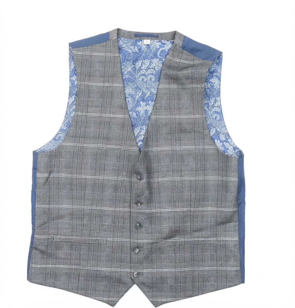 Grey Plaid With Blue Paisley Floral Lining Waistcoat