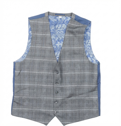 Grey Plaid With Blue Paisley Floral Lining Waistcoat