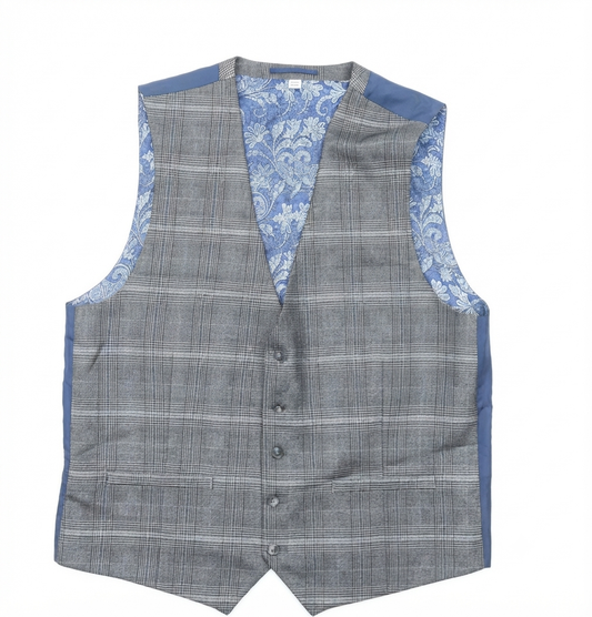 Grey Plaid With Blue Paisley Floral Lining Waistcoat