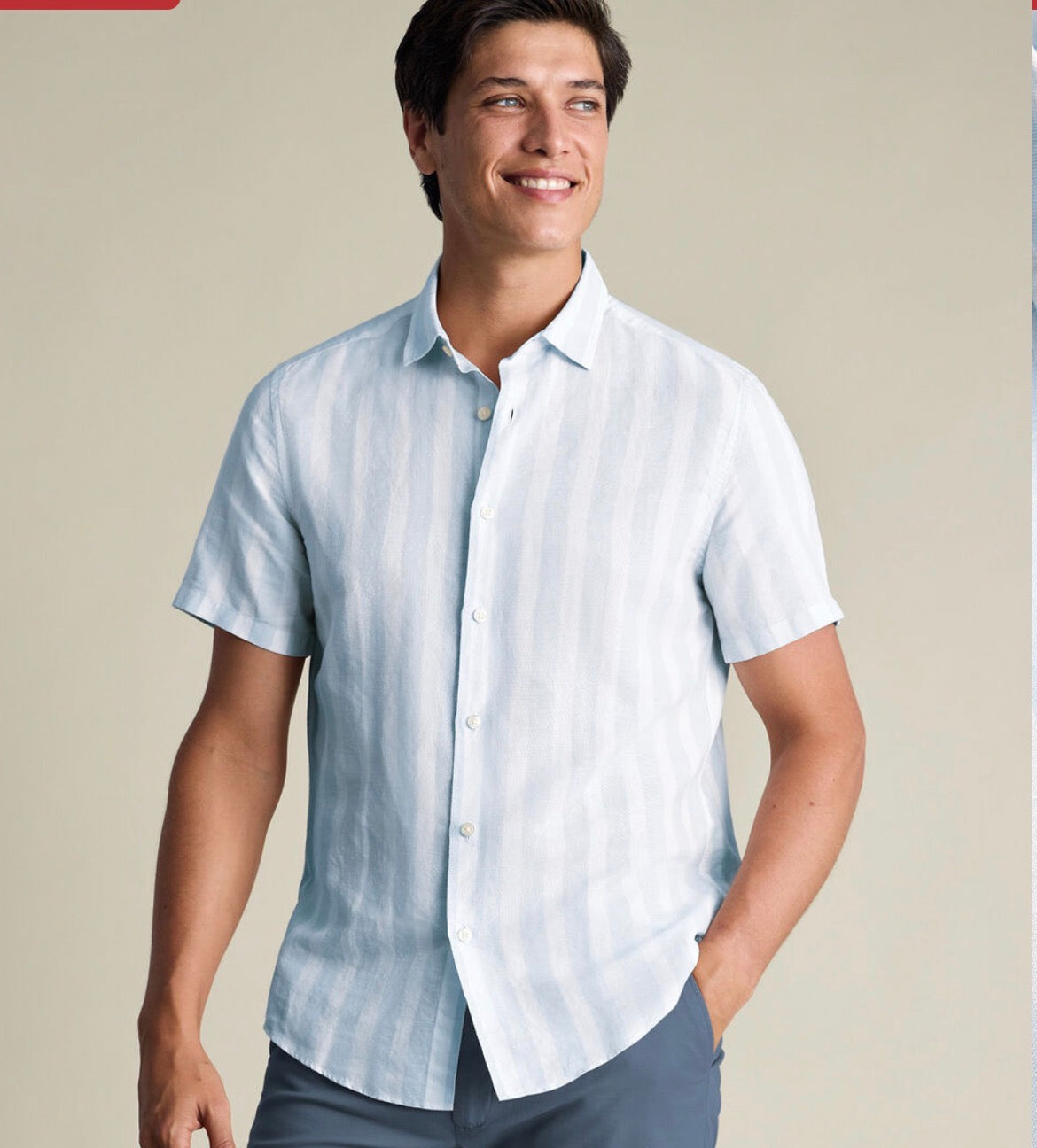 Short Sleeve Cotton Linen Stripe Slim Fit Shirt - Light Blue