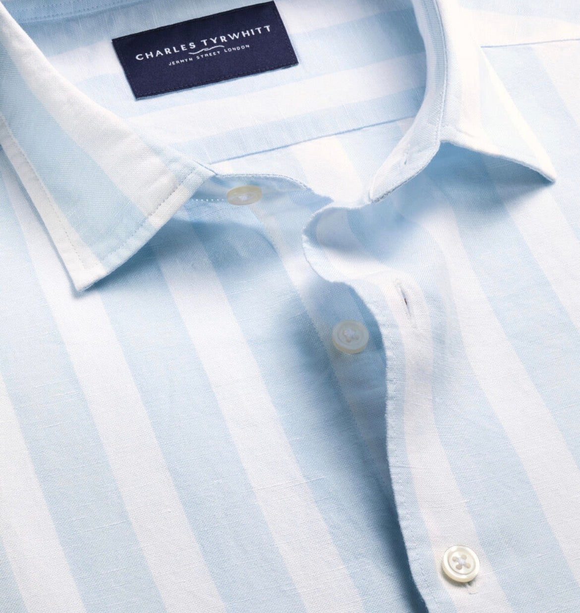 Short Sleeve Cotton Linen Stripe Slim Fit Shirt - Light Blue