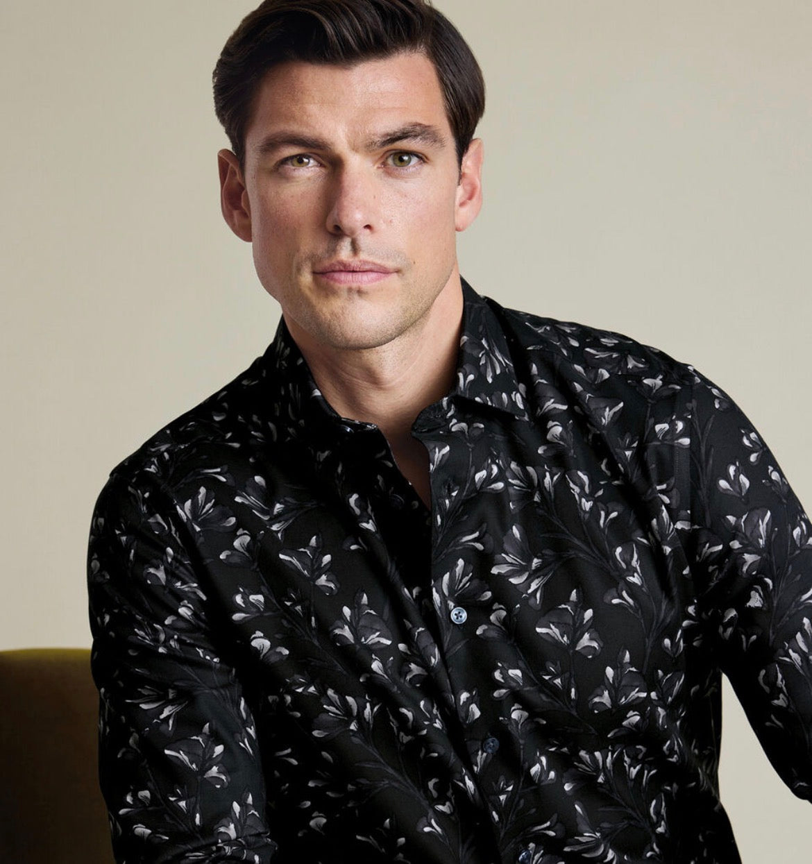 Non-Iron Stretch Floral Print Slim Fit Shirt – Black