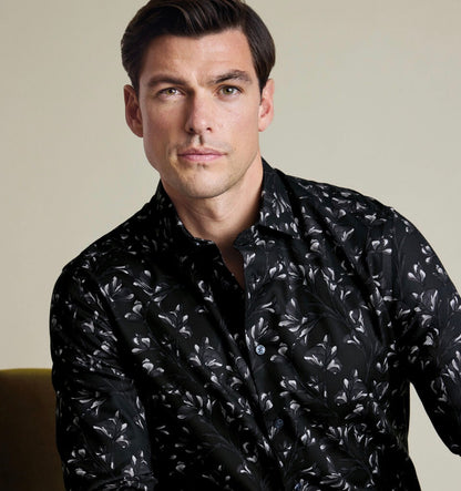 Non-Iron Stretch Floral Print Slim Fit Shirt – Black