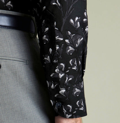 Non-Iron Stretch Floral Print Slim Fit Shirt – Black
