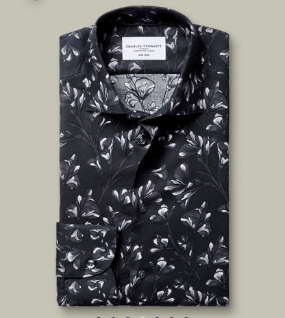 Non-Iron Stretch Floral Print Slim Fit Shirt – Black