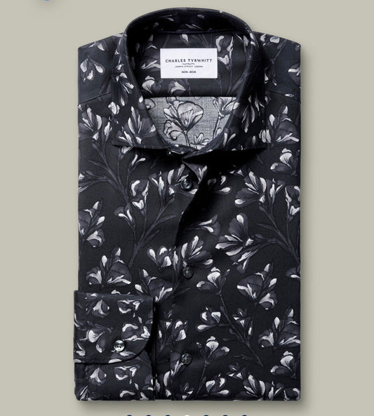 Non-Iron Stretch Floral Print Slim Fit Shirt – Black