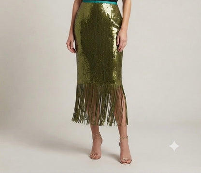 Olive Green Sequin Fringe Top & Skirt Sets