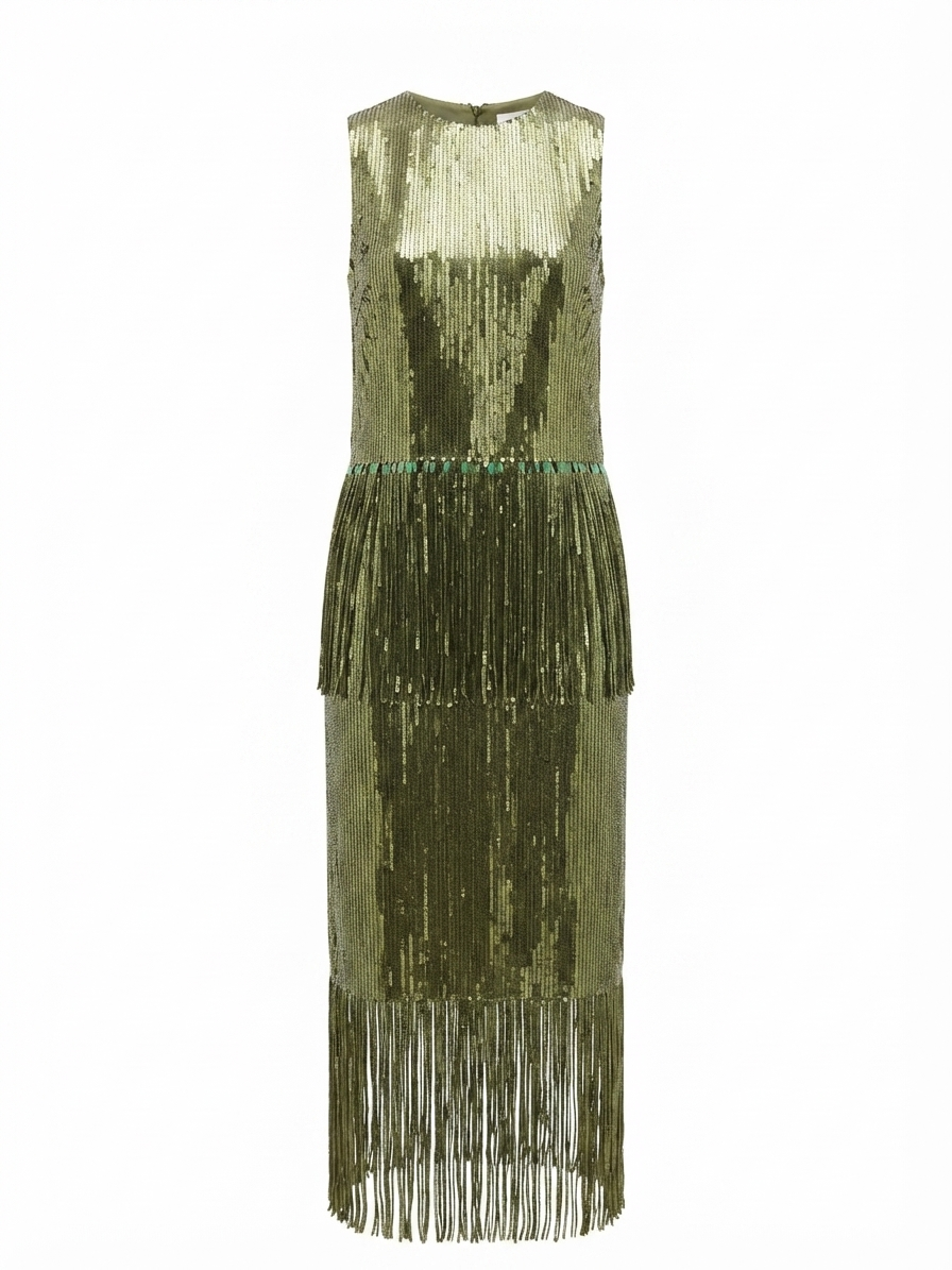 Olive Green Sequin Fringe Top & Skirt Sets