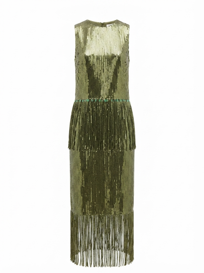 Olive Green Sequin Fringe Top & Skirt Sets