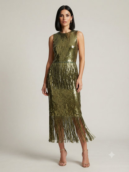 Olive Green Sequin Fringe Top & Skirt Sets
