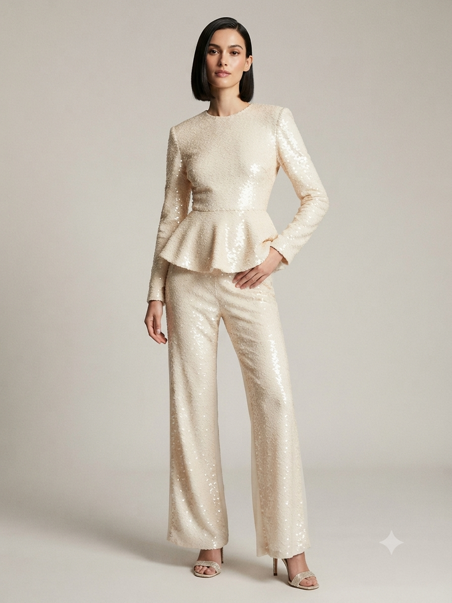 Ro&Zo Sequin Peplum Top And Relaxed Wide Trouser Sets