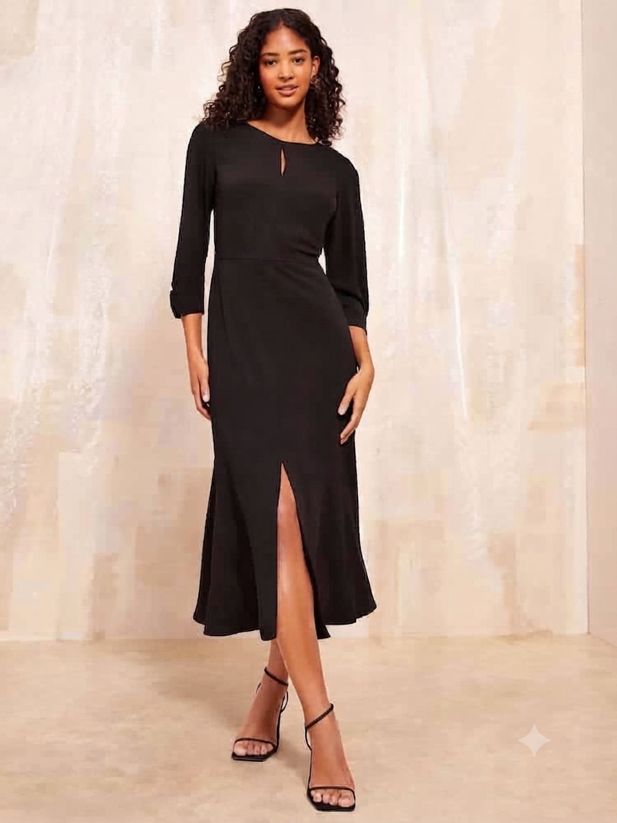 Black Long Sleeve Tailored Midi Dress