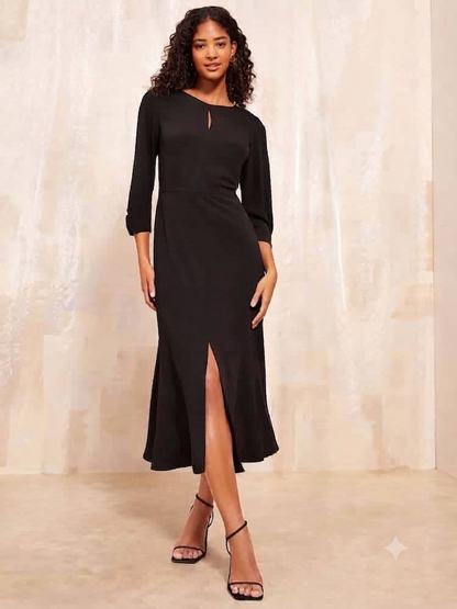 Black Long Sleeve Tailored Midi Dress