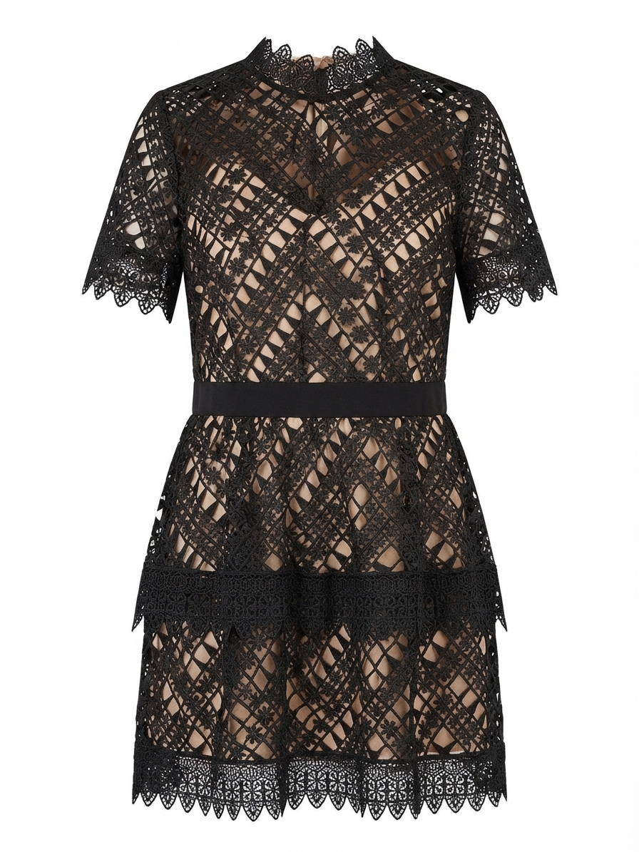 Black Lace Tiered Mini Dress