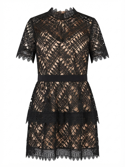 Black Lace Tiered Mini Dress