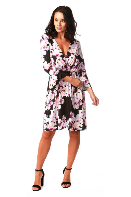 Black Reese Floral Wrap Skater Dress