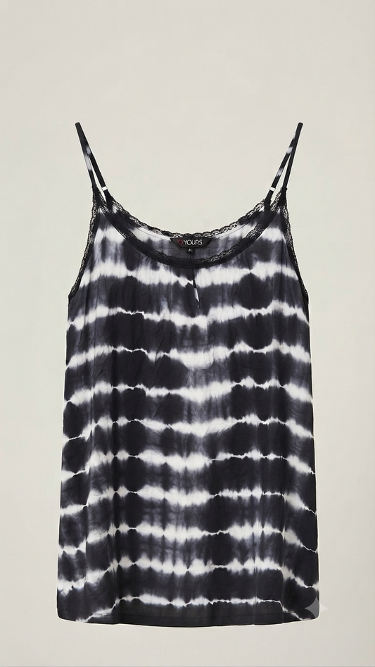 Lace Trim Neck Black and White Tie- Dye Top