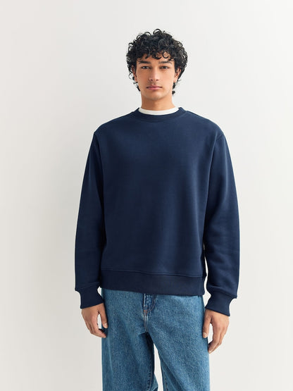 Cotton Jersey Crew Sweatshirts - Navy Blue