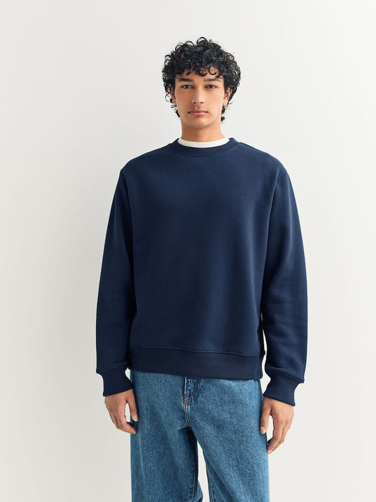 Cotton Jersey Crew Sweatshirts - Navy Blue