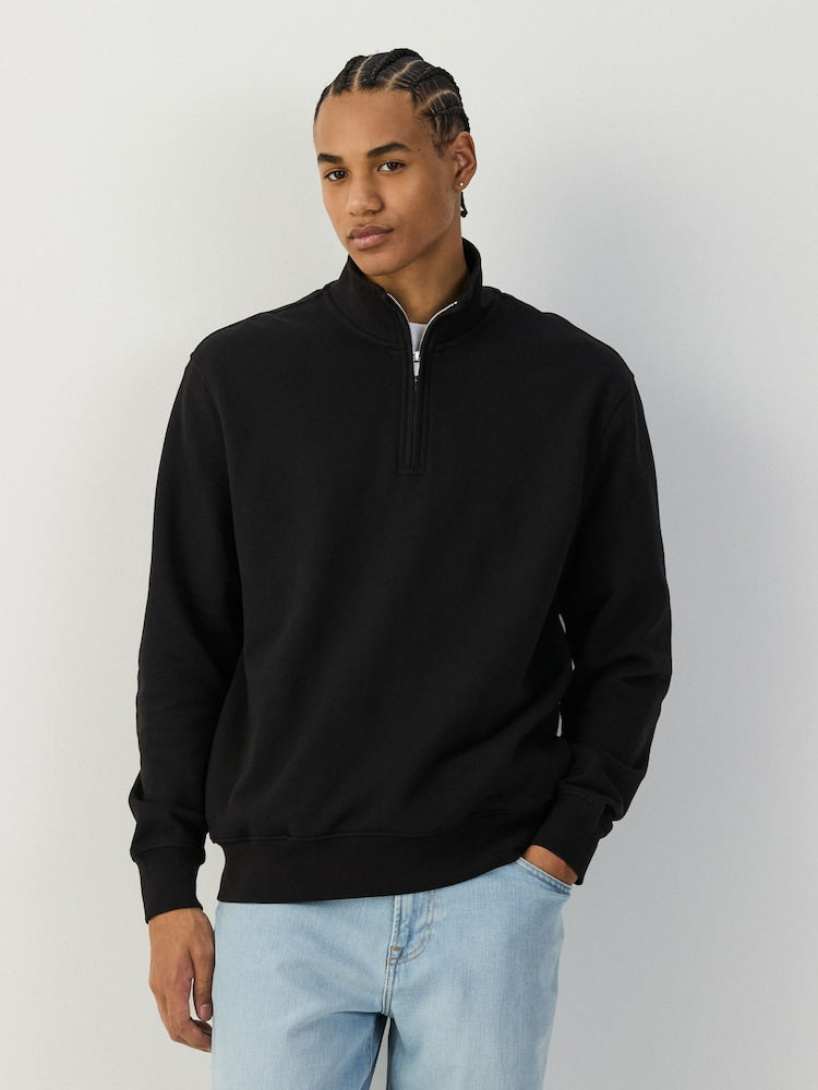 Cotton Rich Lightweight Jersey Quarter Zip Sweatshirt - Black