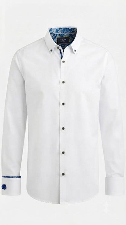 Double-Cuff Paisley Trim Slim Fit Shirt - White