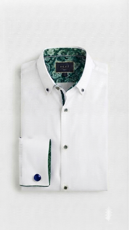 Double-Cuff Paisley Trim Slim Fit Shirt - White