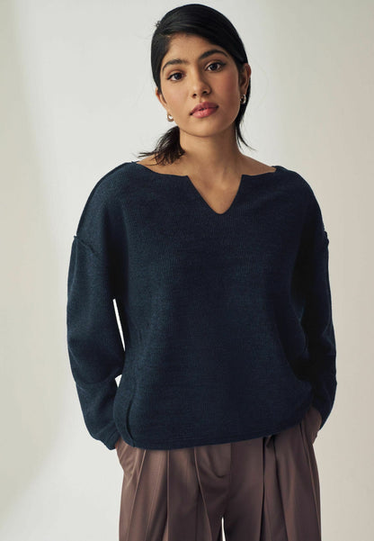 Notched Neck Jumper - Navy Blue