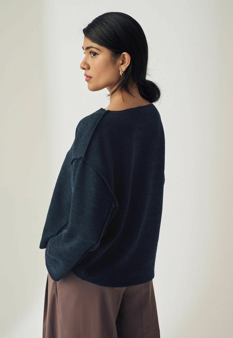 Notched Neck Jumper - Navy Blue