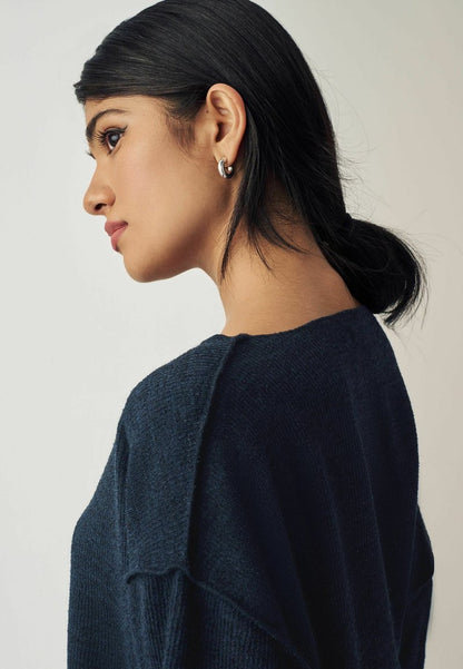 Notched Neck Jumper - Navy Blue
