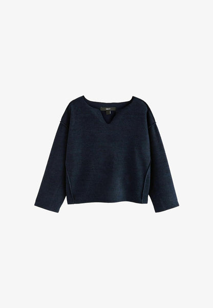 Notched Neck Jumper - Navy Blue