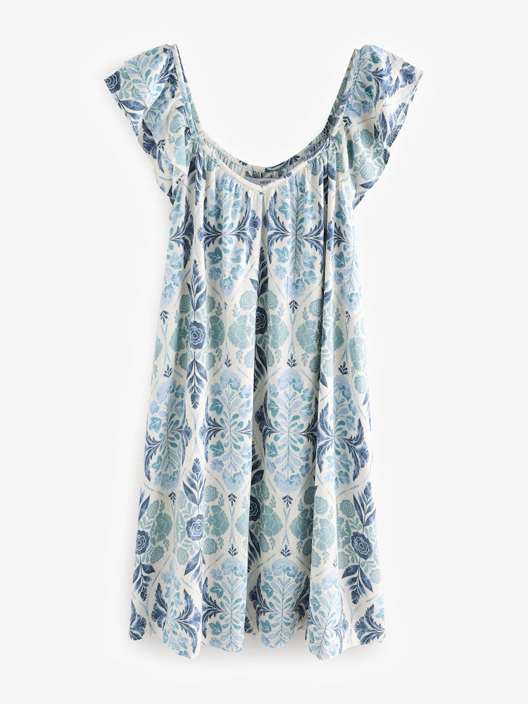 Blue Floral Print V-Neck Ruffle Sleeve Mini Beach Dress with Linen