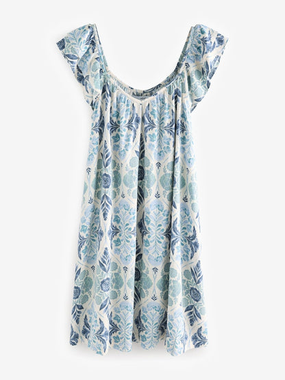 Blue Floral Print V-Neck Ruffle Sleeve Mini Beach Dress with Linen