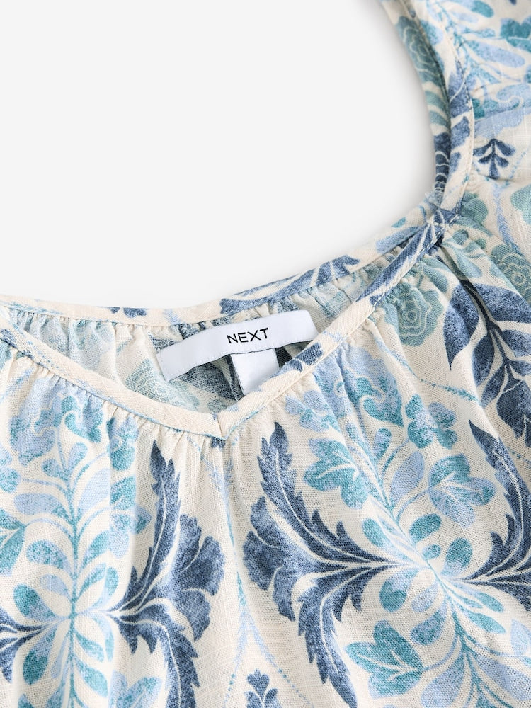 Blue Floral Print V-Neck Ruffle Sleeve Mini Beach Dress with Linen