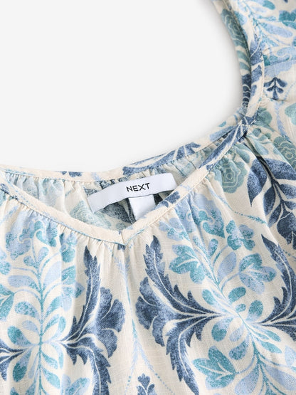 Blue Floral Print V-Neck Ruffle Sleeve Mini Beach Dress with Linen