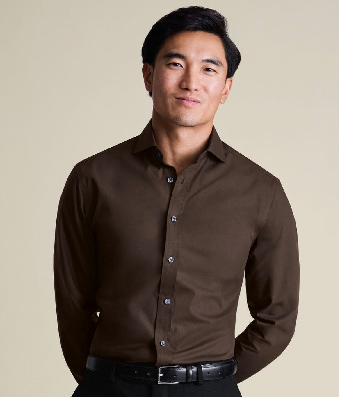 Non-Iron Stretch Poplin Slim Fit Shirt - Chocolate