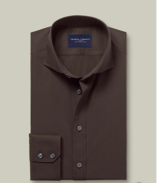 Non-Iron Stretch Poplin Slim Fit Shirt - Chocolate