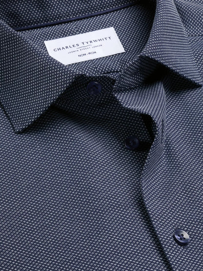 Cutaway Collar Non-Iron Dobby Cotton Texture Slim Fit Shirt, Navy