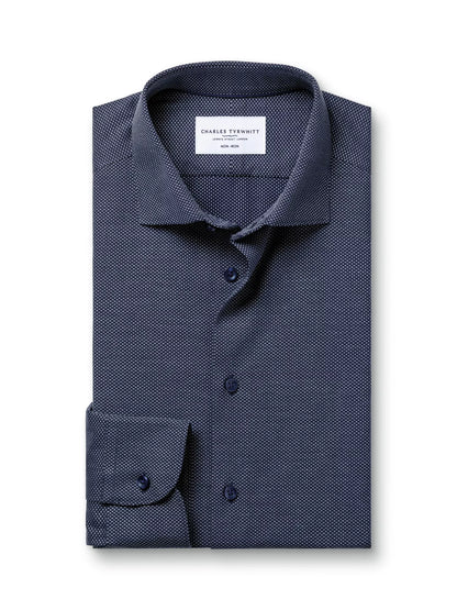 Cutaway Collar Non-Iron Dobby Cotton Texture Slim Fit Shirt, Navy