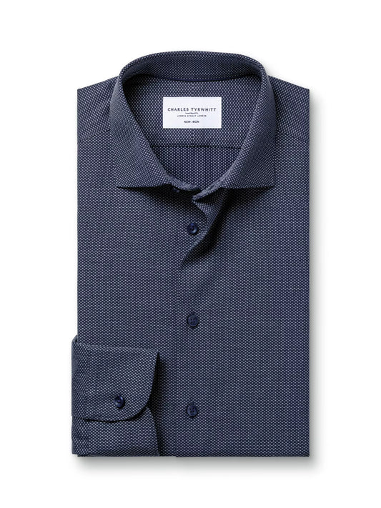 Cutaway Collar Non-Iron Dobby Cotton Texture Slim Fit Shirt, Navy
