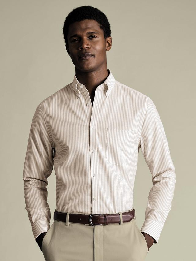 Non-Iron Stretch Oxford Stripe Slim Fit Shirt - Taupe