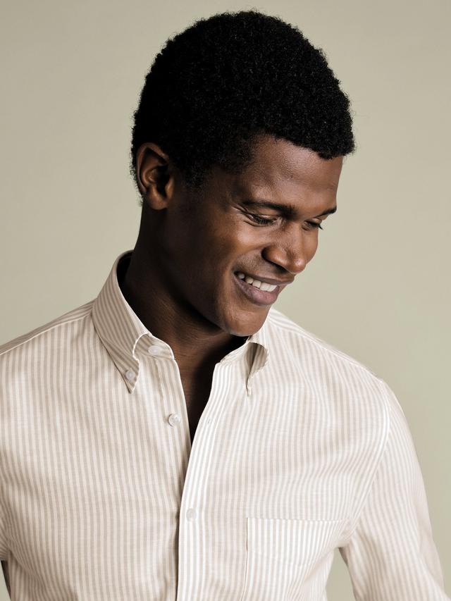 Non-Iron Stretch Oxford Stripe Slim Fit Shirt - Taupe
