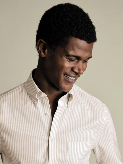 Non-Iron Stretch Oxford Stripe Slim Fit Shirt - Taupe