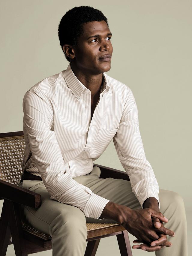 Non-Iron Stretch Oxford Stripe Slim Fit Shirt - Taupe